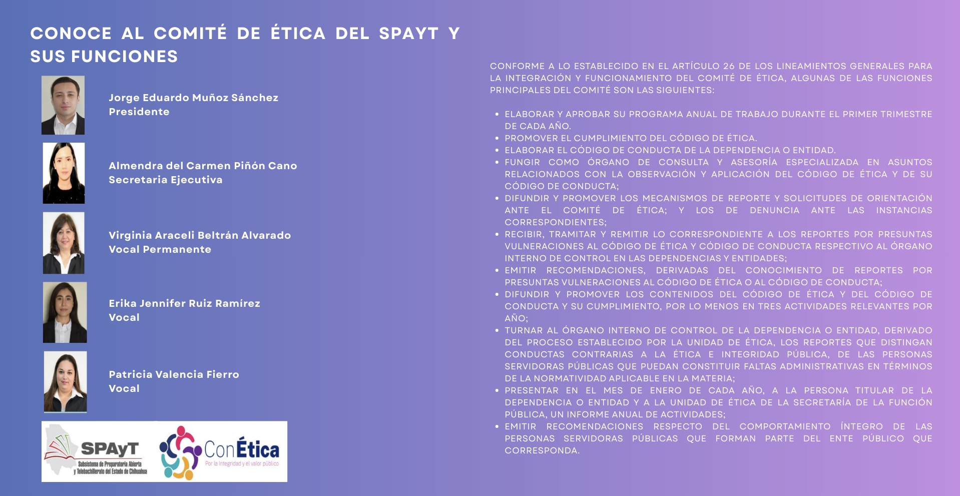 CONOCE A LOS INTEGRANTES DEL COMITÉ DE ÉTICA DEL SPAYT Y SUS FUNCIONES